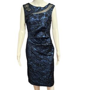 Rickie Freeman for Teri Jon Metallic Blue Midi Cocktail Dress Size 8 NWT
